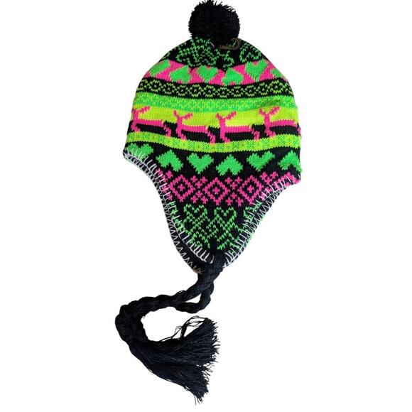 Bright Neon Colors Andean Style Chullo Ear Flap Trapper Hat - Picture 1 of 4